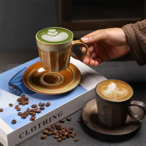 Nordic Ceramic Coffee Mug 170ml Latte Cup and Saucer Thick-walled Stoneware Cappuccino Cup Set for Latte Art Latte Mug Gift