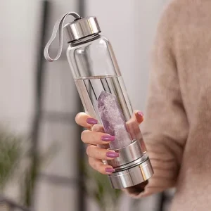 Personalized Gemstone Bamboo Lid Quartz Crystal Elixir Drinking Water Bottle with Custom Logo Package