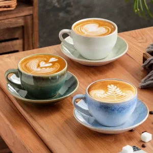 Porcelain Latte Coffee Cup and Round Saucer Set Ceramic Mugs for Gift