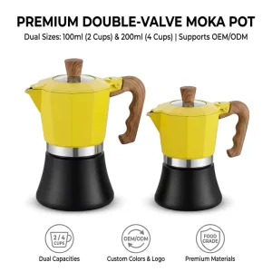 Portable Italian Moka Pots 2/4 Cups 100/200ml Double Valve Classic Design Metal Stovetop Coffee Maker with Lid