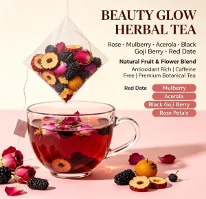 Premium Beauty Glow Herbal Tea with Rose Mulberry Black Goji Berry Acerola & Red Date Natural Antioxidant Fruit Tea