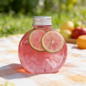 Round Flat Plastic Juice Bottles with Lids Reusable PET Drink Containers for Bubble Tea Smoothie Fruit Juice Sour Plum Soup