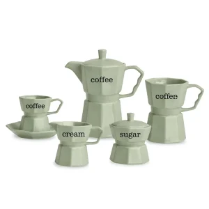 Sage Green Ceramic Coffee Percolator Set with Cups Creamer and Sugar Bowl Modern Moka Style Coffee Set