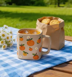 Square Ceramic Mugs with Orange Prints 350ml Reusable Party Gift Box for Morning Coffee and Tea