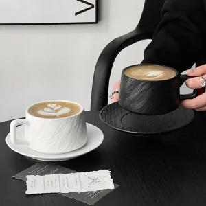 Textured Ceramic Coffee Cup with Saucer Minimalist Latte Art Mug for Cappuccino and Mocha Elegant Design in Black and White