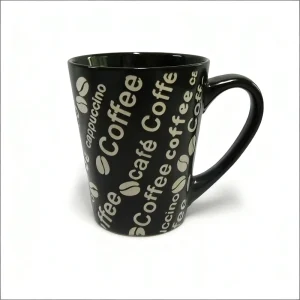 Turkey V Shape Black Coffee Mug with White Letters Hand painted Stoneware Ceramic Microwave and Dishwasher Safe