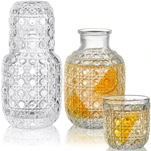 Vintage Bedside Water Carafe Bottle Set Embossed Design Leak Proof Non Slip Base Tumbler Glasses Elegant Pitcher Easy Access