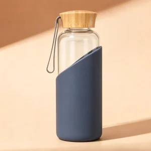 Vintage Design High Borosilicate Glass Water Bottle Silicone Sleeve Bamboo Lid Anti Scalding Plastic Handle Double Wall