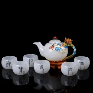 White Jade Enamel Kung Fu Tea Set 1 Pot 6 Cups Teapot Porcelain Ceramic Gift Box for Business Housewarming Wedding Present